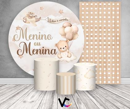Imagem de Kit Painel De Festa + Trio Capa Cilindro + Faixa Veste Fácil - Ursinho Bege Revelação Menino ou Menina 011