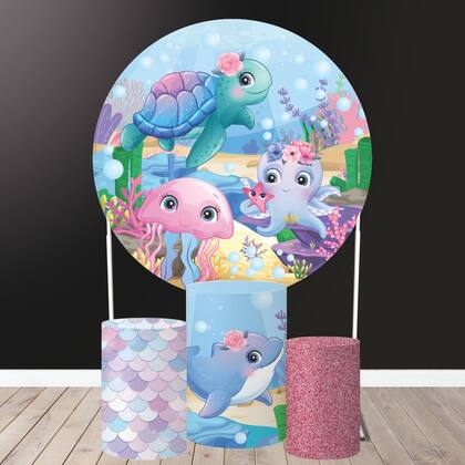 Imagem de Kit Painel Redondo + Trio Capa Cilindro Fundo Do Mar Rosa