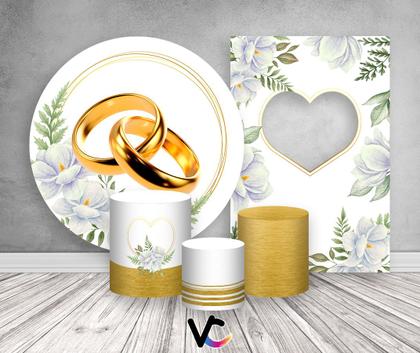 Imagem de Kit Painel Redondo + Vertical Interativo 2,2x1,5 + Trio De Capas Cilindros - Noivado Flores Brancas 017