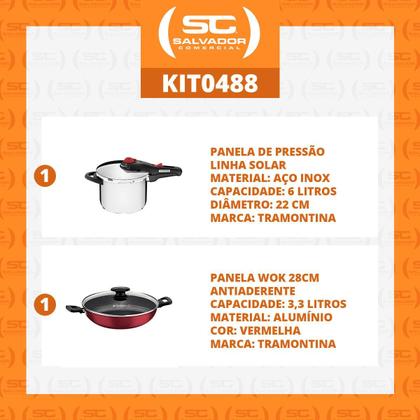 Imagem de KIT - Panela de Pressão 6l Solar + Panela Wok Alumínio Loreto 28cm Vermelha - Tramontina