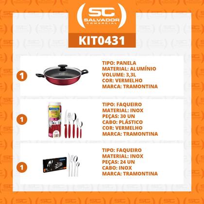 Imagem de KIT - Panela Wok Alumínio 28Cm + 1 Faqueiro Vermelho 30pç + 1 Faqueiro Inox 24pç - Tramontina
