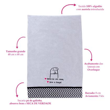 Imagem de Kit Pano de Prato 4 Peças 100% Algodão Bordado Humor Meme Bento Flork com Barrado