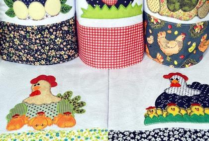 Imagem de Kit Pano de Prato 5 Peças Patchwork Galinhas Algodão Barrado Cozinha Moderna