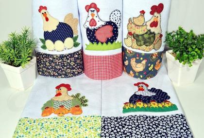 Imagem de Kit Pano de Prato 5 Peças Patchwork Galinhas Algodão Barrado Cozinha Moderna