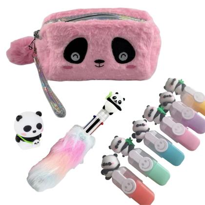 Imagem de Kit Papelaria Panda com Estojo, Caneta Pompom, Apontador e MarcaTextos