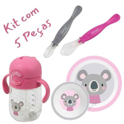 Imagem de Kit Papinha Bebê Clingo 5 Peças Coala e Rosa Copo Colheres Silicone Tigela e Prato Freezer Microondas Presente Enxoval