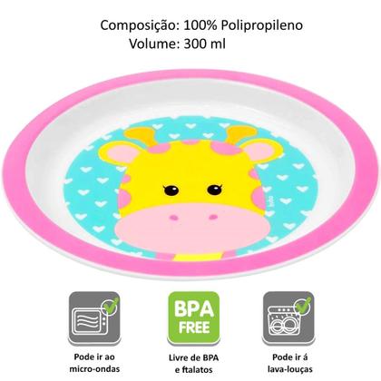Imagem de Kit Papinha Bebê Girafa Garfo Colher Babador 2 Pratos Buba