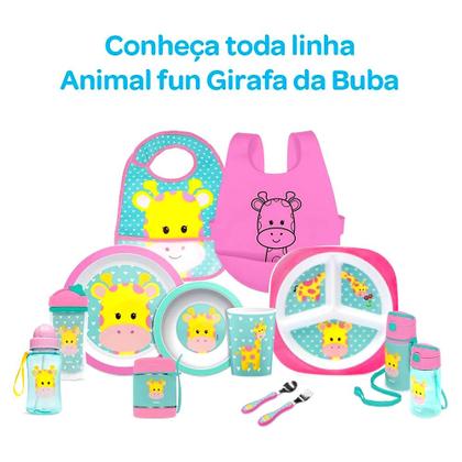 Imagem de Kit Papinha Bebê Girafa Garfo Colher Babador 2 Pratos Buba