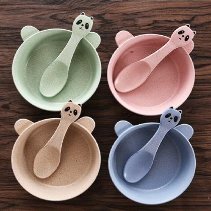 Imagem de Kit Papinha Infantil Bebês Plástico Prato + Colher Panda