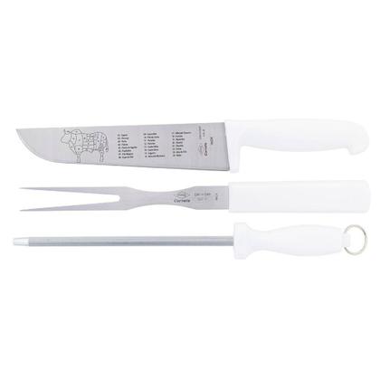 Imagem de Kit para Churrasco com Faca Chaira e Garfo Cabo Branco Corneta 75.536.93