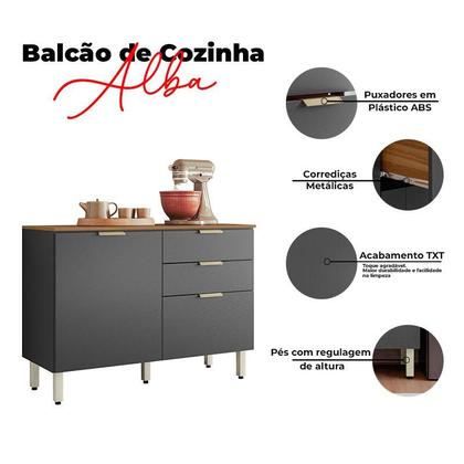 Imagem de Kit para Cozinha Compacta Alba com Balcão Amêndola Grafito Prime TX - Demóbile