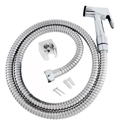 Imagem de KIT para ducha higiênica com Mangueira Flexível em Aço Inox 1,40 Cm e gatilho chuveirinho branco / cromado / metal