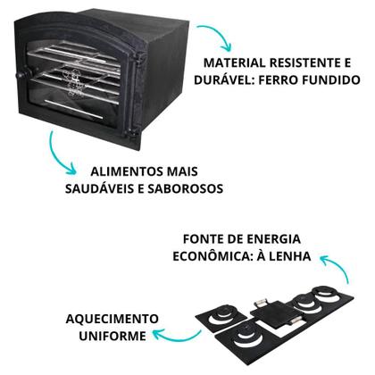 Imagem de Kit para fogão a lenha: Forno de ferro fundido grande com vidro e chapa multiuso de 4 furos