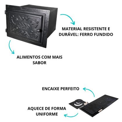 Imagem de Kit para fogão a lenha: Forno de ferro fundido grande e chapa multiuso de 3 furos