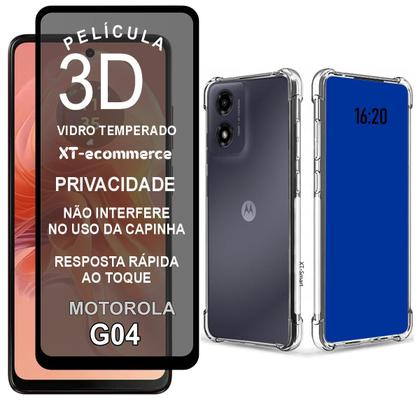 Imagem de Kit Para Moto G04  Película Privacidade 3D + Capa Capinha Case