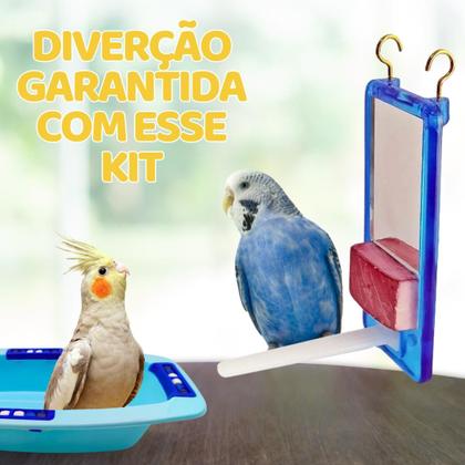 Imagem de Kit Para Pássaros Calopsitas Periquitos Ring Necks Com Banheira Com Missanga Rosa E Brinquedo Bica Bica Com Espelho Poleiro Pedra Calcio