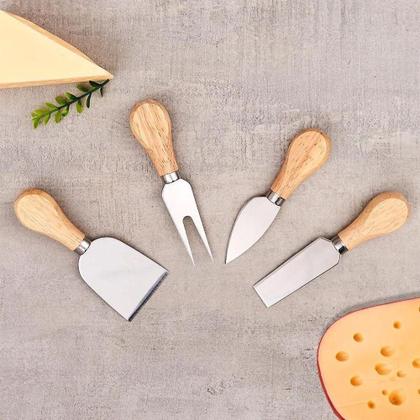 Imagem de Kit Para Queijo Petisco Quatro Peças De Aço Inox E Madeira
