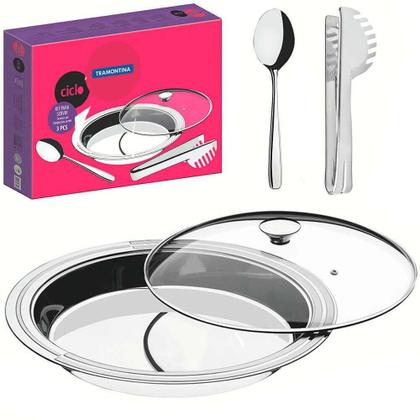 Imagem de Kit Para Servir Tramontina Ciclo Redondo Em Aço Inox Com Tampa De Vidro 3 Peças 64510264