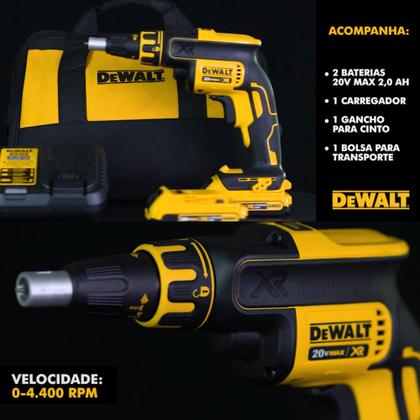 Imagem de Kit Parafusadeira Drywall 20V Brushless com 4 Baterias 2Ah, Carregador e Bolsa para Transporte - DCF620D2-B2