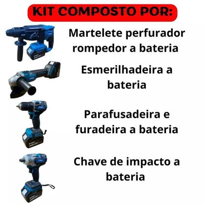 Imagem de Kit Parafusadeira + Esmerilhadeira+Chave Impacto + Martelete
