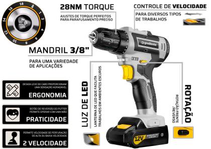 Imagem de Kit Parafusadeira Furadeira 3/8 12v + Jogo Extensor Bits