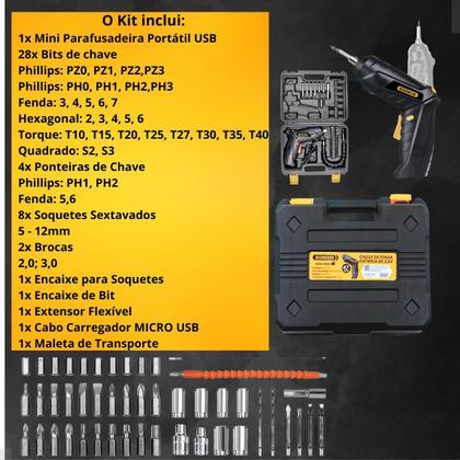 Imagem de Kit Parafusadeira Sem Fio Portátil USB Completo Recarregável