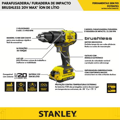 Imagem de Kit Parafusadeira Stanley Brushless 20V SBDI465D2T-BR com LED + Carregador Bivolt
