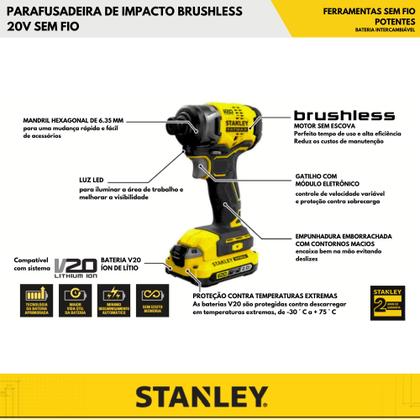 Imagem de Kit Parafusadeira Stanley Brushless 20V SBDI465D2T-BR com LED + Carregador Bivolt