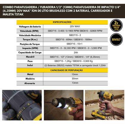 Imagem de Kit Parafusadeira Stanley Brushless 20V SBDI465D2T-BR com LED + Carregador Bivolt