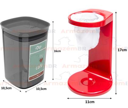 Imagem de Kit Passador De Café Coador Mini Cafézinho C/ 1 Refil Pote Hermético 900ml Porta Condimento Colher Vermelho - Ou