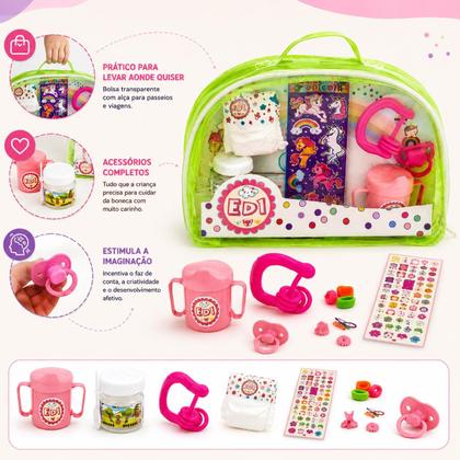 Imagem de Kit Passeio Acessórios Boneca Bebê reborn pequena Vinil 30cm Fralda Descartavel Chocalho Bolsa Infantil Papinha Copo suco mágico ChupetaED1 Brinquedos