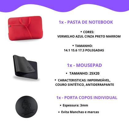 Imagem de Kit Pasta Para Notebook Com Bolso Externo + MousePad Gamer Preto 25x20 + Porta Copos De Couro