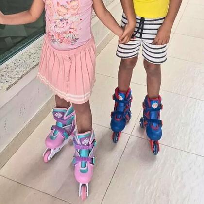 Imagem de Kit Patins Infantil Ajustável 3 em 1 Proteção Acessórios Freio Capacete Dia das Crianças Aniversário Menino Menina Férias Passeios Viagens
