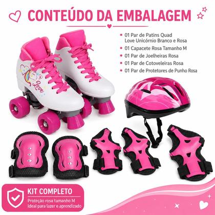 Imagem de Kit Patins Quad Love Unicornio + Proteção completa Rosa M - Bel Sports