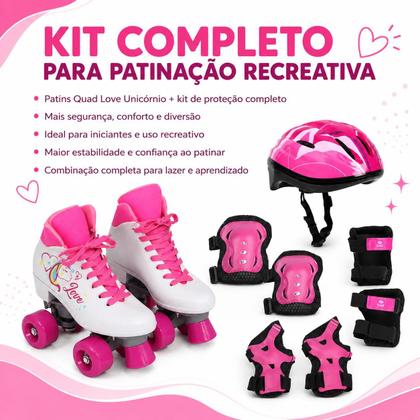 Imagem de Kit Patins Quad Love Unicornio + Proteção completa Rosa M - Bel Sports