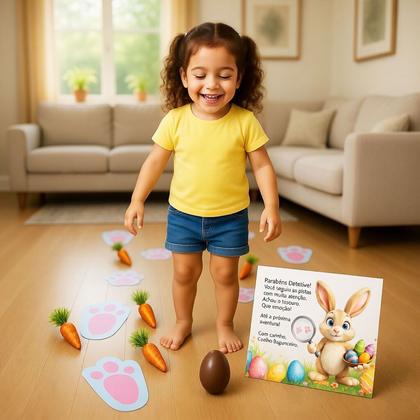 Imagem de Kit Pegadas Caminho do Coelho Páscoa 16 Patinhas Adesivas + 12 Cenouras Decorativas + Card Detetive