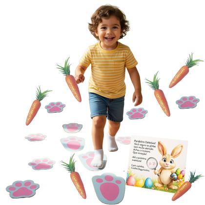 Imagem de Kit Pegadas Caminho do Coelho Páscoa 16 Patinhas Adesivas + 12 Cenouras Decorativas + Card Detetive