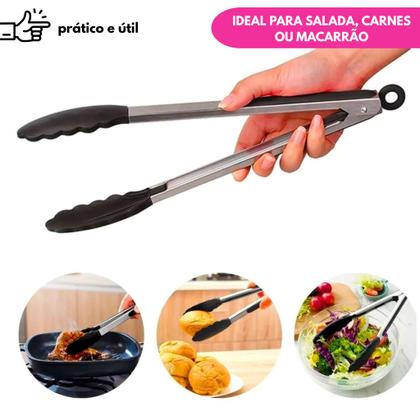 Imagem de Kit Pegador Alimento 27 e 34Cm Inox E Silicone Com Apoio Carne Churrasco Massa Cozinha Restaurante