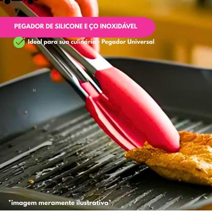 Imagem de Kit Pegador Alimento 27 e 34Cm Inox E Silicone Com Apoio Carne Churrasco Massa Cozinha Restaurante