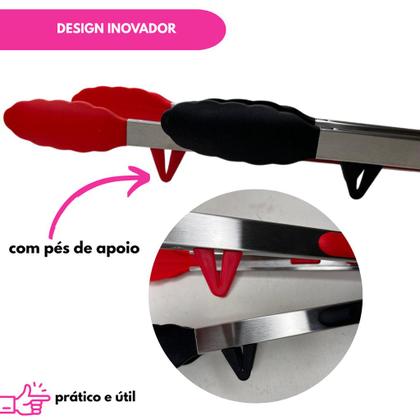 Imagem de Kit Pegador Alimento 27 e 34Cm Inox E Silicone Com Apoio Carne Churrasco Massa Cozinha Restaurante