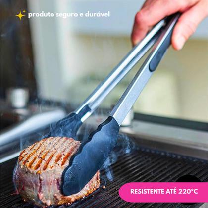 Imagem de Kit Pegador Alimento 27 e 34Cm Inox E Silicone Com Apoio Carne Churrasco Massa Cozinha Restaurante
