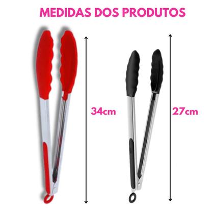 Imagem de Kit Pegador Alimento 27 e 34Cm Inox E Silicone Com Apoio Carne Churrasco Massa Cozinha Restaurante