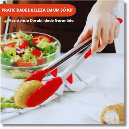 Imagem de Kit Pegador Alimento 27 e 34Cm Inox E Silicone Com Apoio Carne Churrasco Massa Cozinha Restaurante