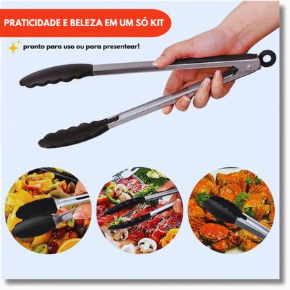 Imagem de Kit Pegador Alimento 27 e 34Cm Inox E Silicone Com Apoio Carne Churrasco Massa Cozinha Restaurante