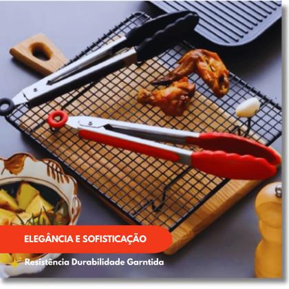 Imagem de Kit Pegador Alimento 27 e 34Cm Inox E Silicone Com Apoio Carne Churrasco Massa Cozinha Restaurante