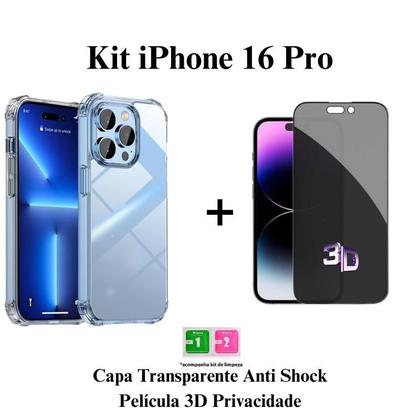 Imagem de Kit Película Privativa 3D de Vidro + Capa Anti Impacto Transparente para Iphone 16 / 16 Pro / 16 Plus / 16 Pro Max