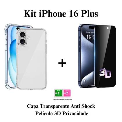 Imagem de Kit Película Privativa 3D de Vidro + Capa Anti Impacto Transparente para Iphone 16 / 16 Pro / 16 Plus / 16 Pro Max