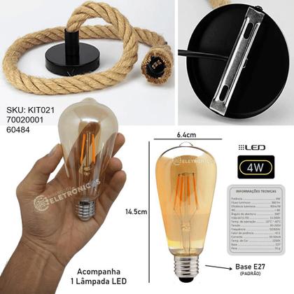 Imagem de Kit Pendente Corda Luminaria Rústico Com 1 Lâmpada ST64 Luz Led KIT021