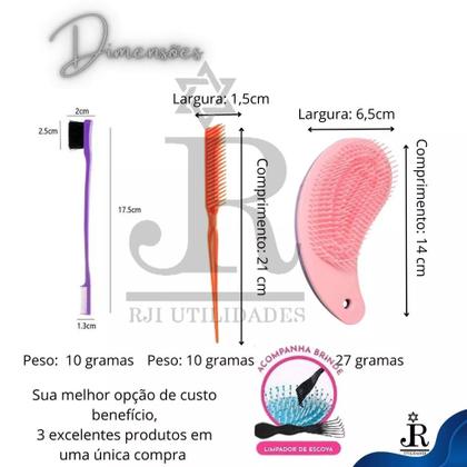 Imagem de Kit Pente Escovina Baby Hair 2 em 1 + Pente 3 Fileiras Fitagem + Escova Magica Desembaraçar