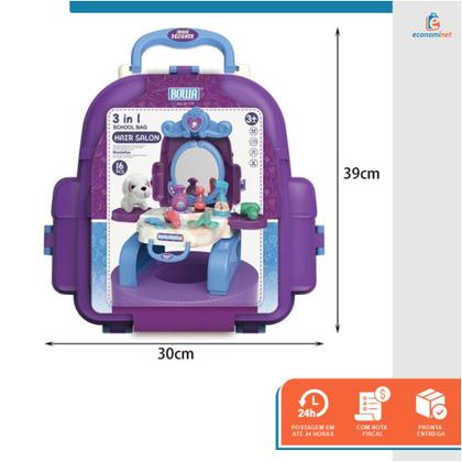 Imagem de Kit Penteadeira Banho e Tosa Pet Brinquedo Infantil 2 em 1 Vira Mochila Interativo Criança Cuidar Animais Pet